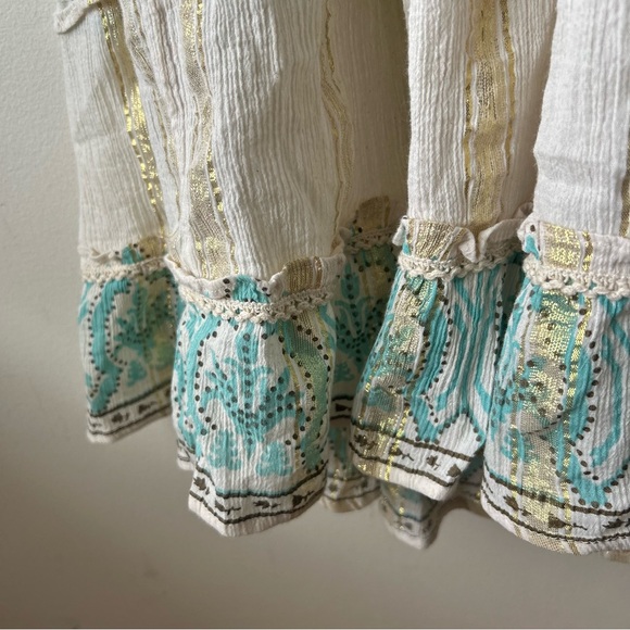 Soft Surroundings Aegean Tiered Boho Maxi Dress Metallic Gold Aqua Blue Cream M - Picture 11 of 11